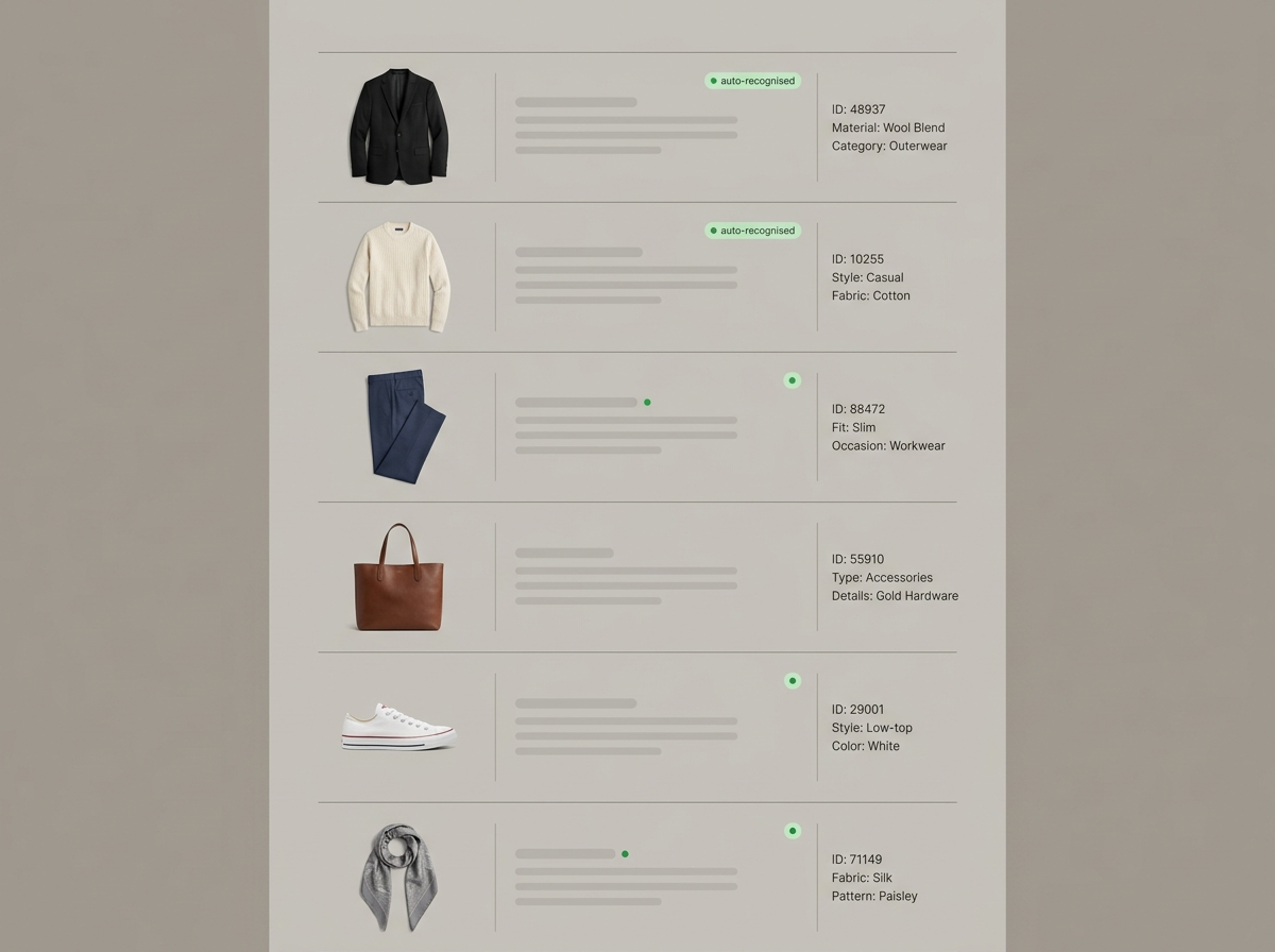 Global product catalog view with clothing items, metadata, and automatic recognition status