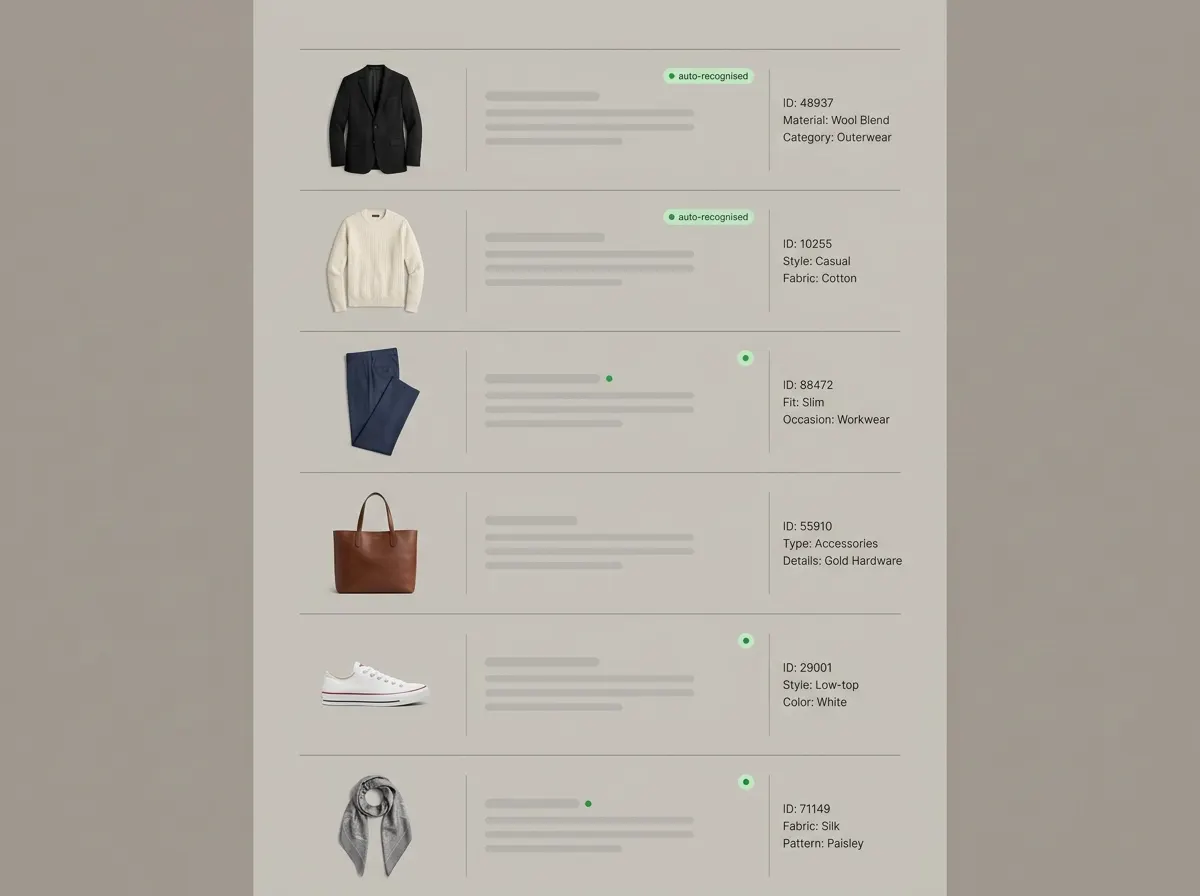 Global product catalog view with clothing items, metadata, and automatic recognition status